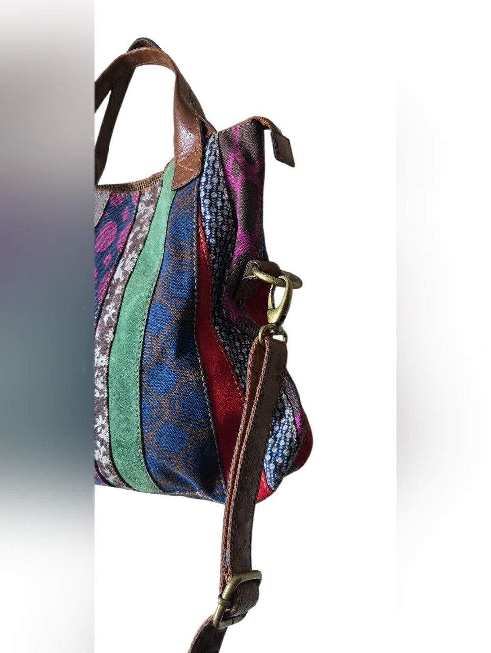 Fossil Patchwork Tote Crossbody Bag Multicolor Suede Canvas Leather Key Charm - Picture 13 of 16